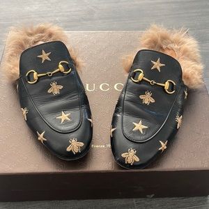 Gucci Princetown bee mule loafer with fur! Size 39